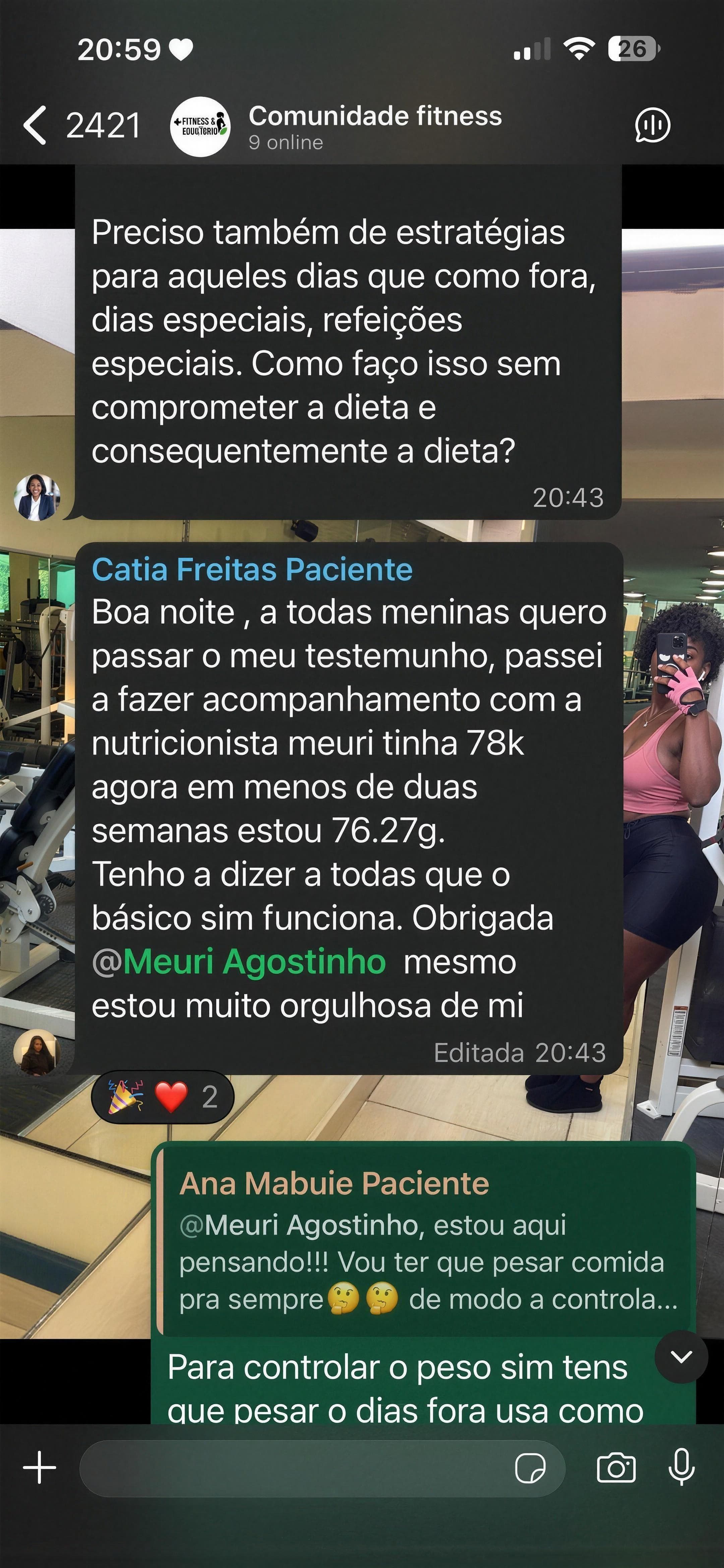 Mensagem de feedback de aluna